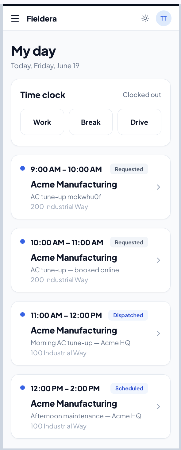 Technician mobile app — the full day's schedule, time clock, and job status at a glance