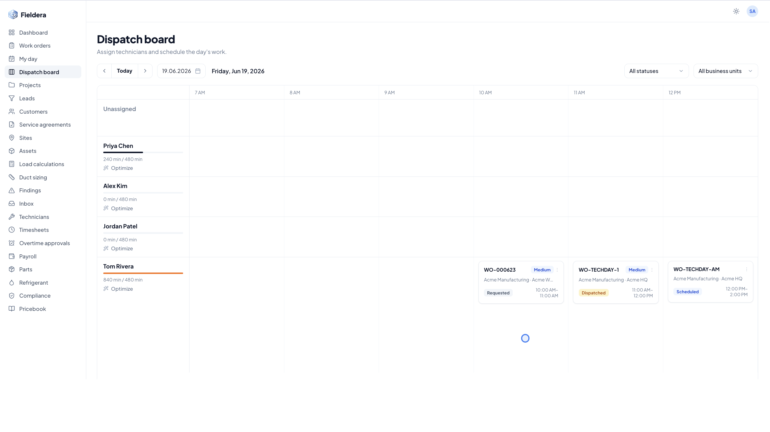 Dispatch board — assign technicians and schedule the day's work in real time