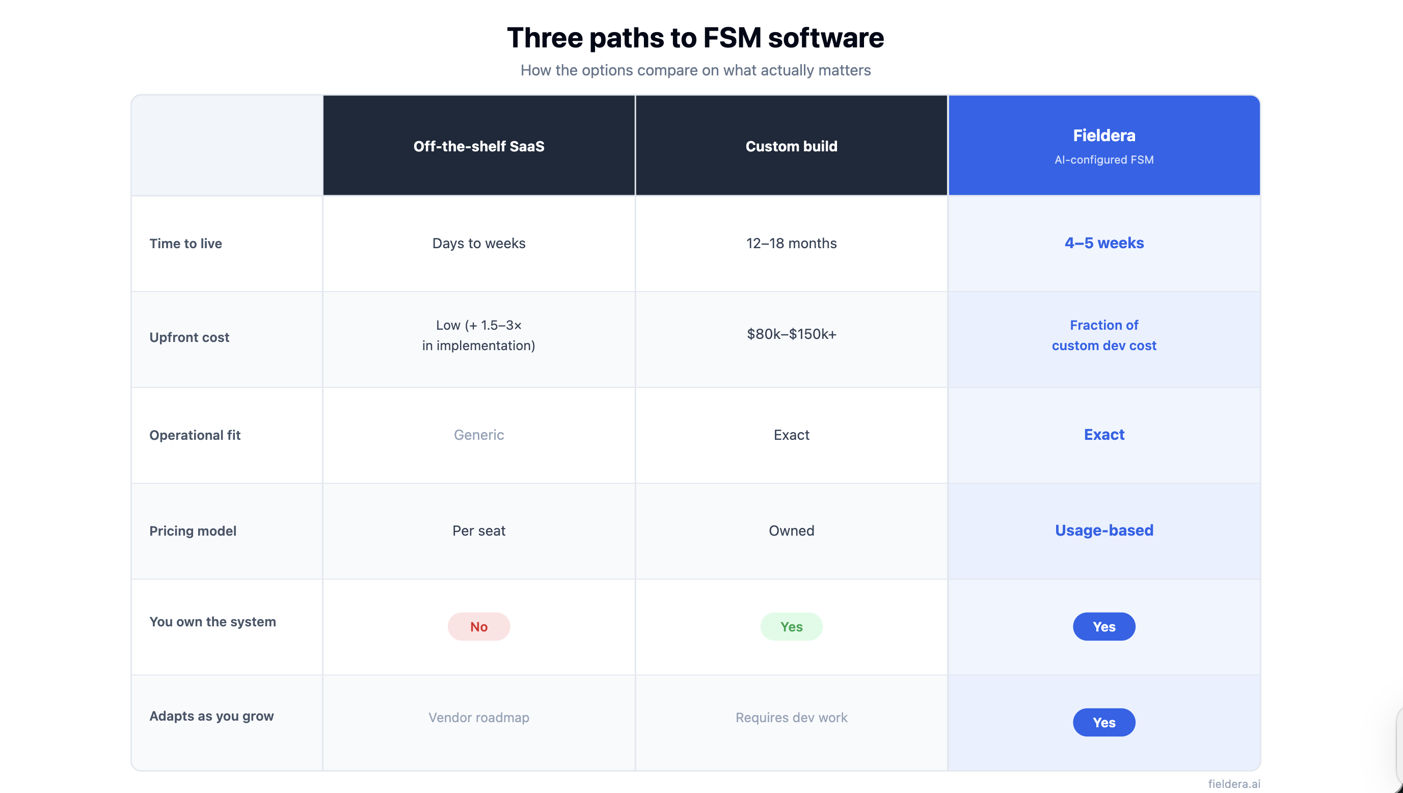 Three paths to FSM software — comparison table